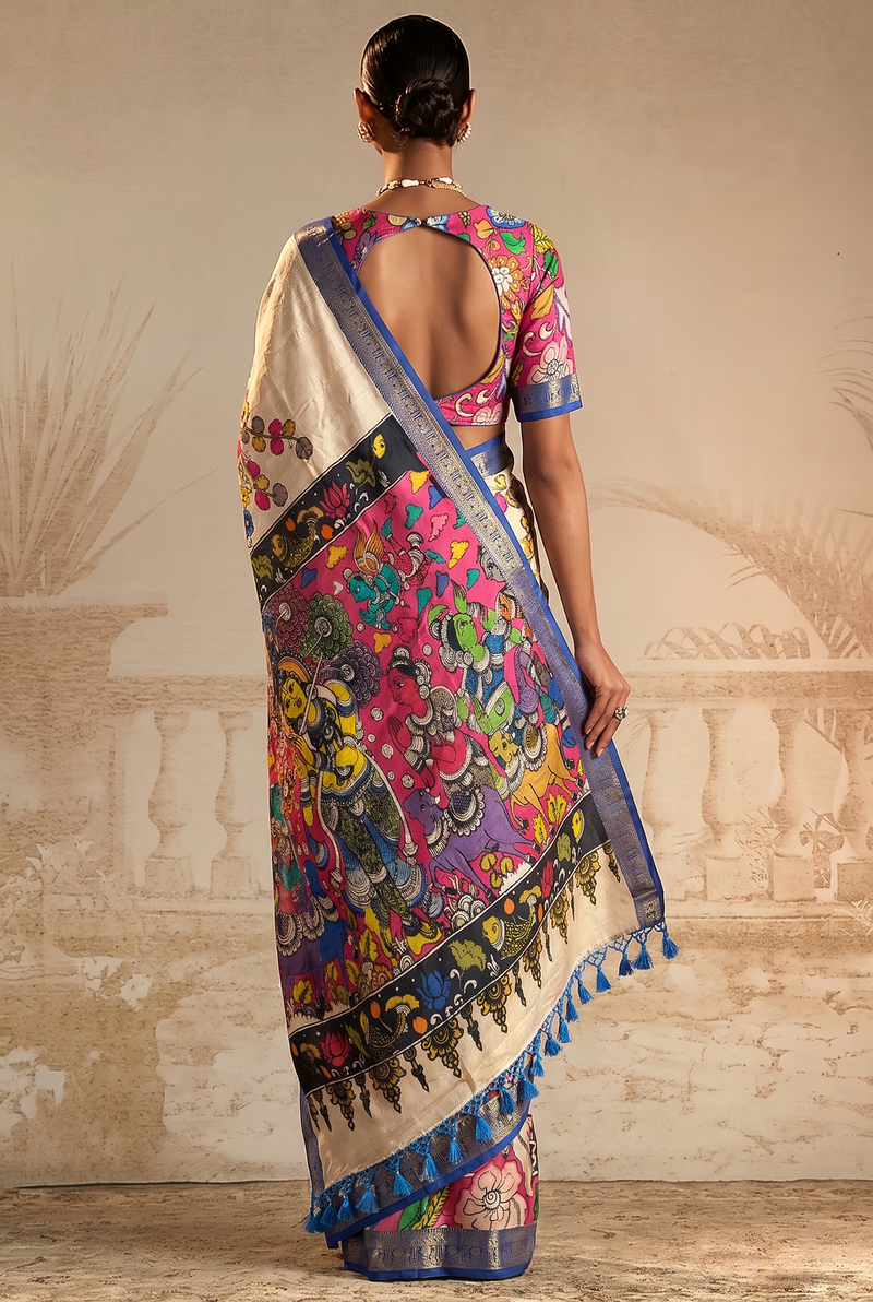 Kalahasti Kalamkari - Cream With Blue