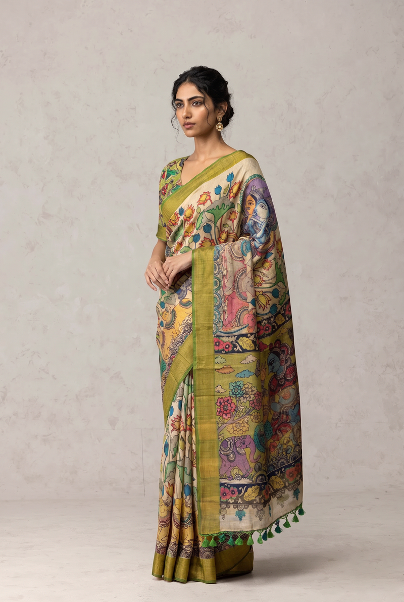 A Timeless Krishna Tale from Srikalahasthi Kalamkari On Tussar Silk- Cream Base and Olive Green