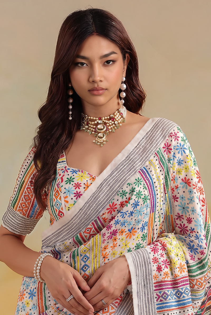 Ivory silk, a riot of blooms, a patterned frame. Bishnupuri Kantha.