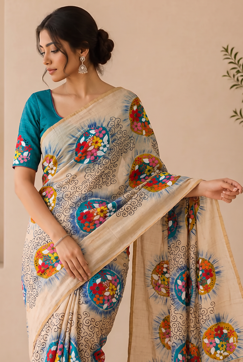 Beige checks, blooming medallions, inked scrolls. Handcrafted Kantha from Bolpur.