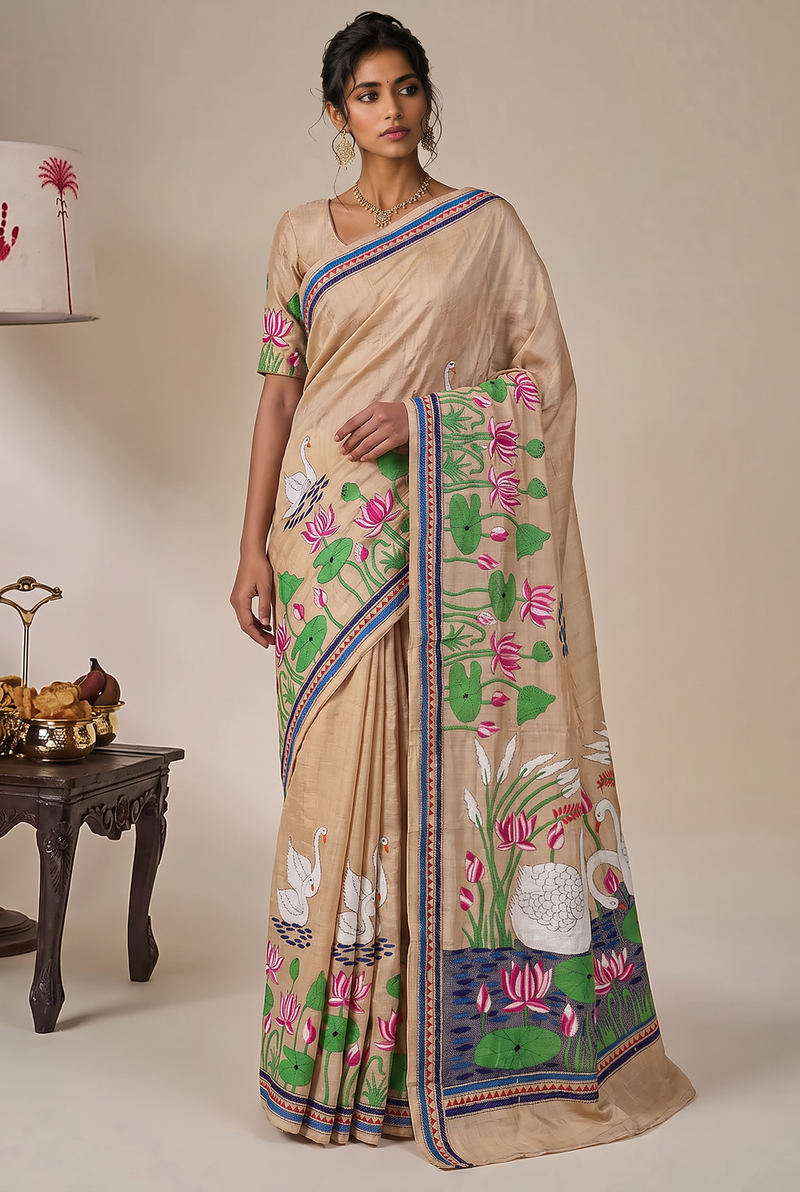Swans, lotuses, still water. Handcrafted Kantha from Bolpur.