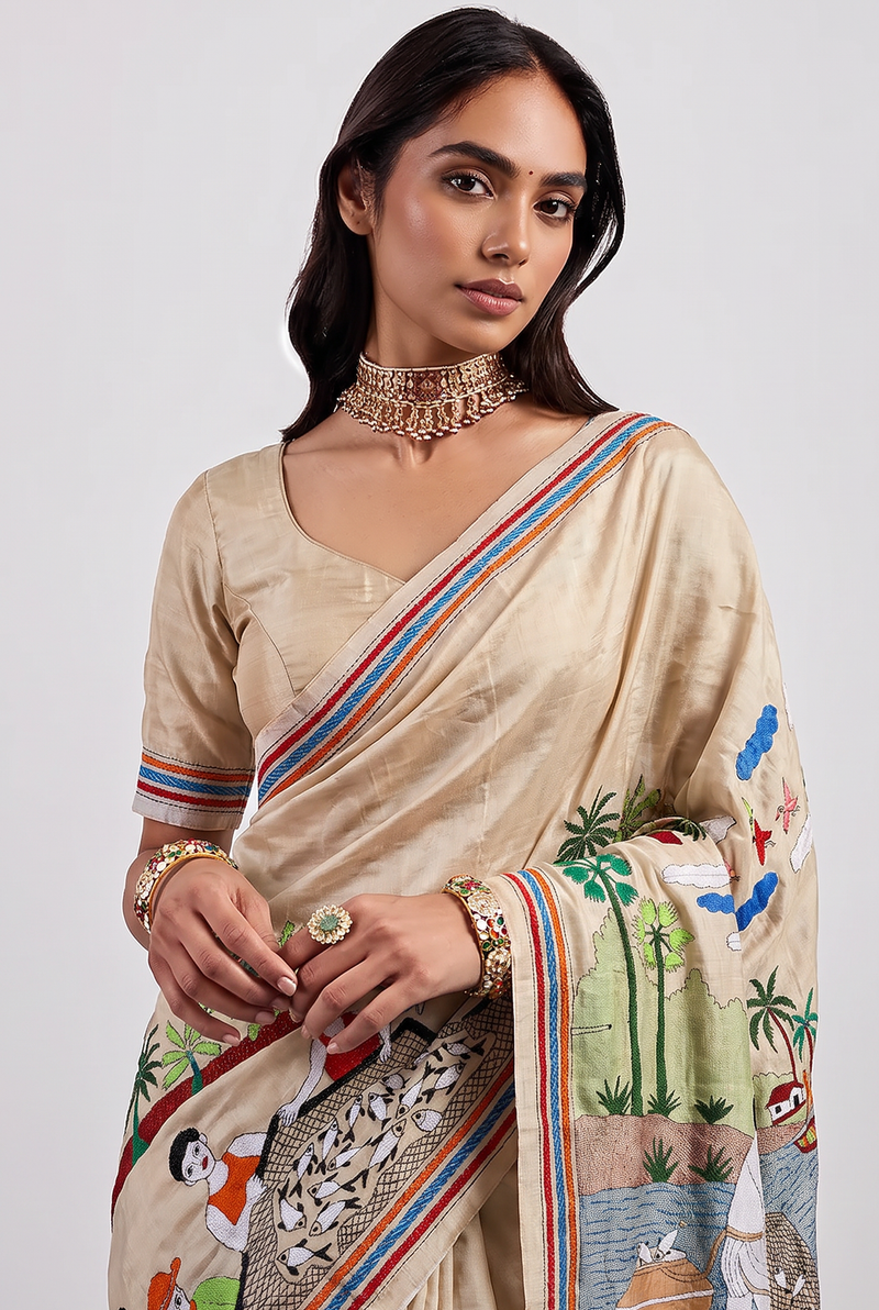 "Golpo" means story, and this one flows like a river. Hand-stitched village life on Gachi Tussar silk, from the heart of Bolpur.