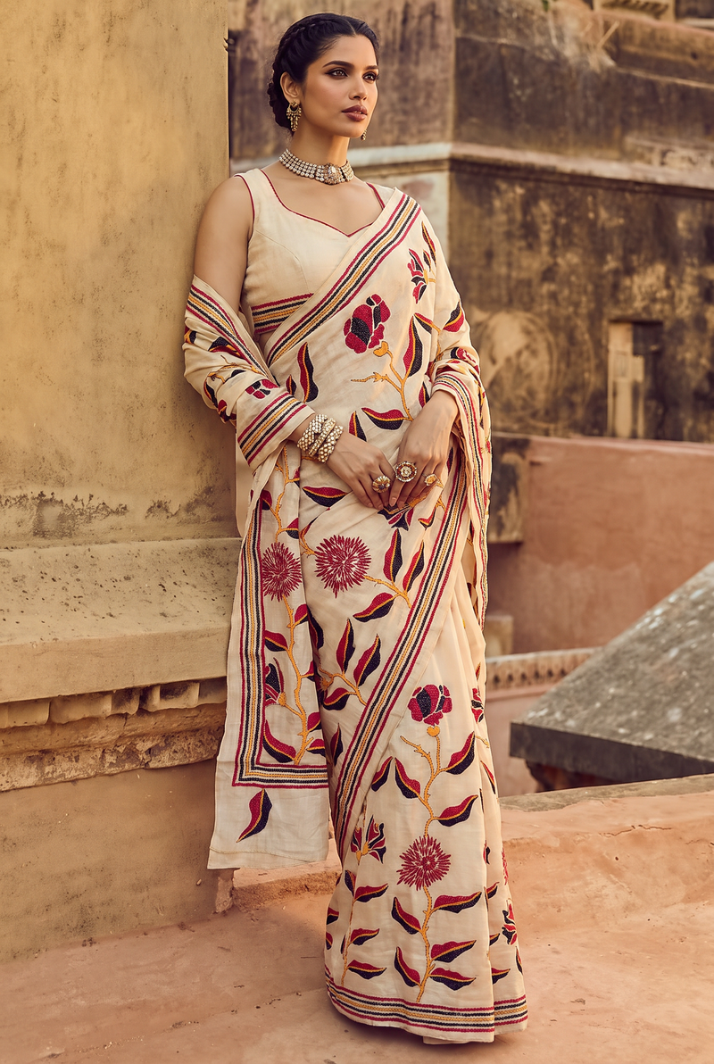 Ivory silk, wild handcrafted Kantha blooms, a striped frame. Silk Mark certified Gachi Tussar.