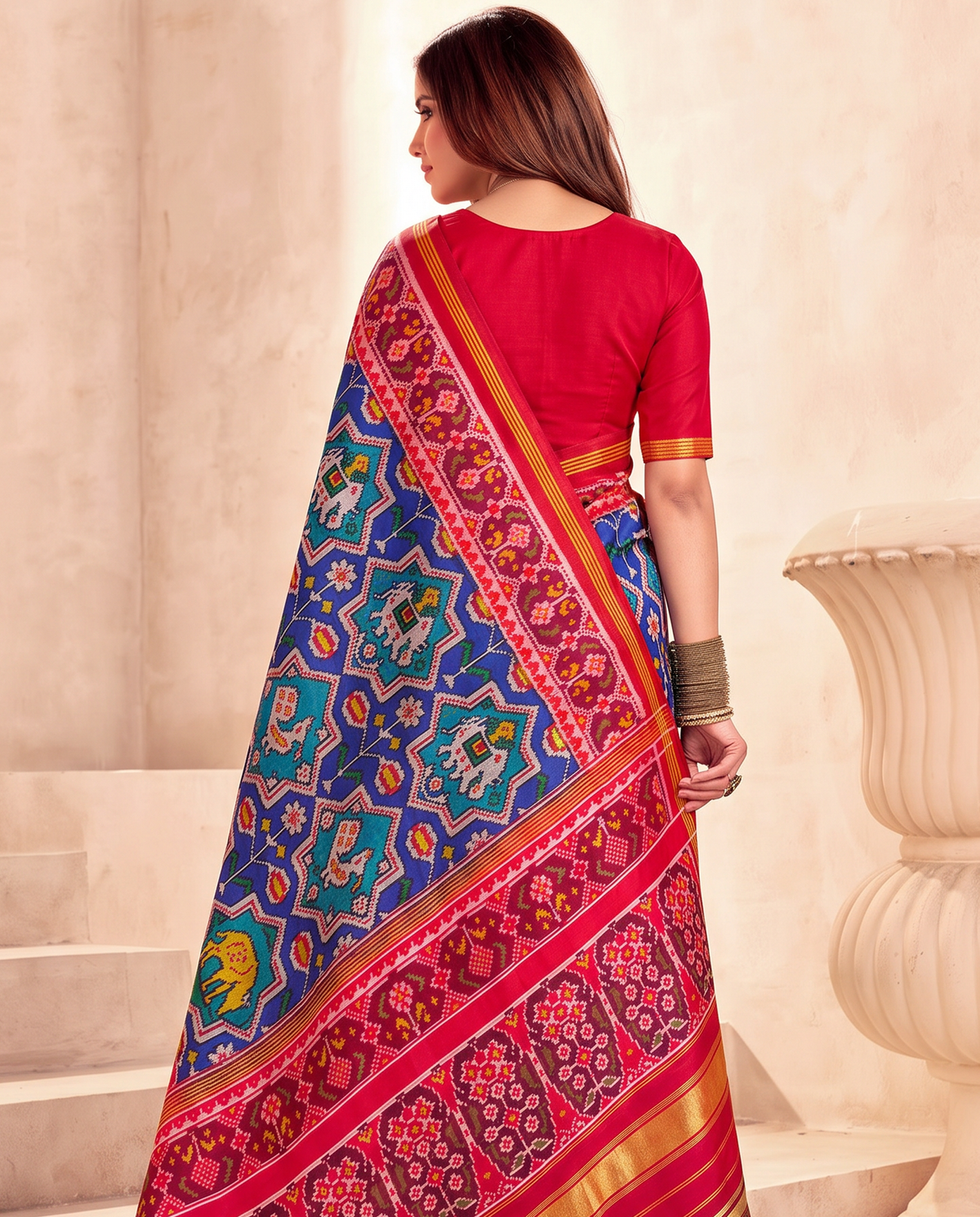Stars and elephants, woven in royal blue. Handloom Rajkot Patola from Gujarat.