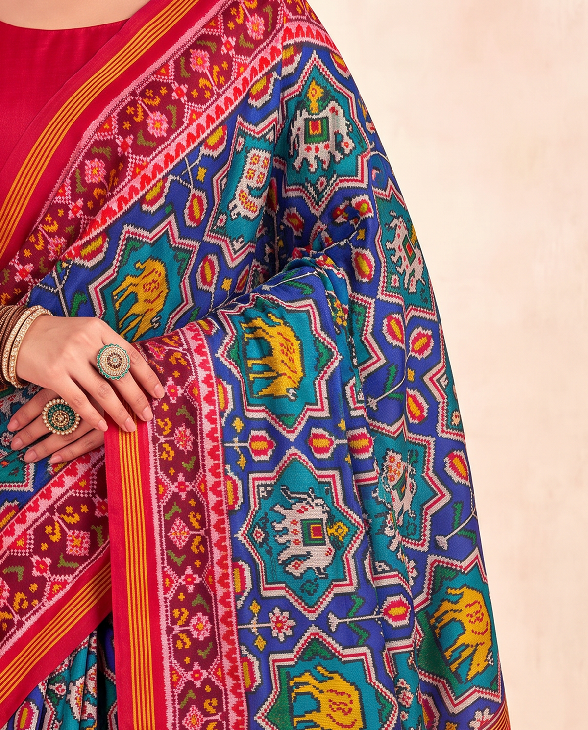 Stars and elephants, woven in royal blue. Handloom Rajkot Patola from Gujarat.