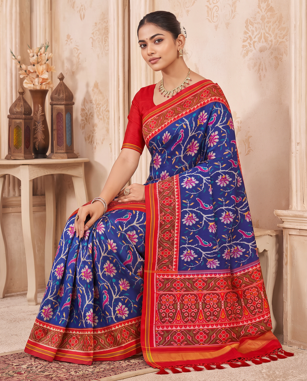 A moonlit garden, woven in royal blue. Handloom Patola from Gujarat.