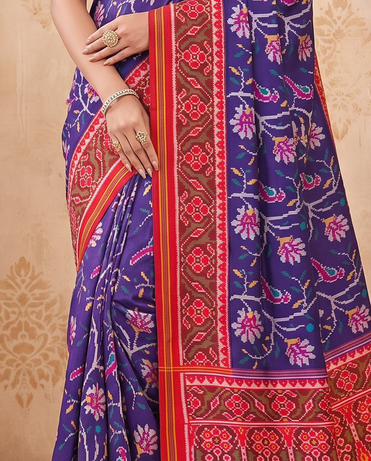 A moonlit garden, woven in royal blue. Handloom Patola from Gujarat.