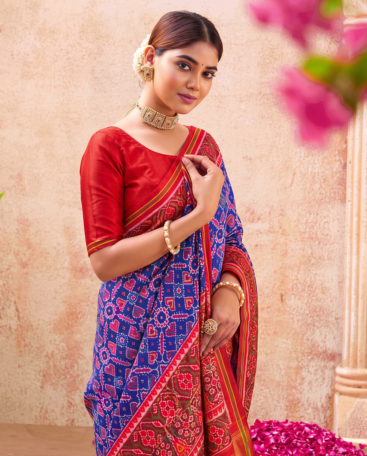 Indigo hearts and diamonds, a doorway of torans, a golden welcome. Handloom Rajkot Patola from Gujarat.