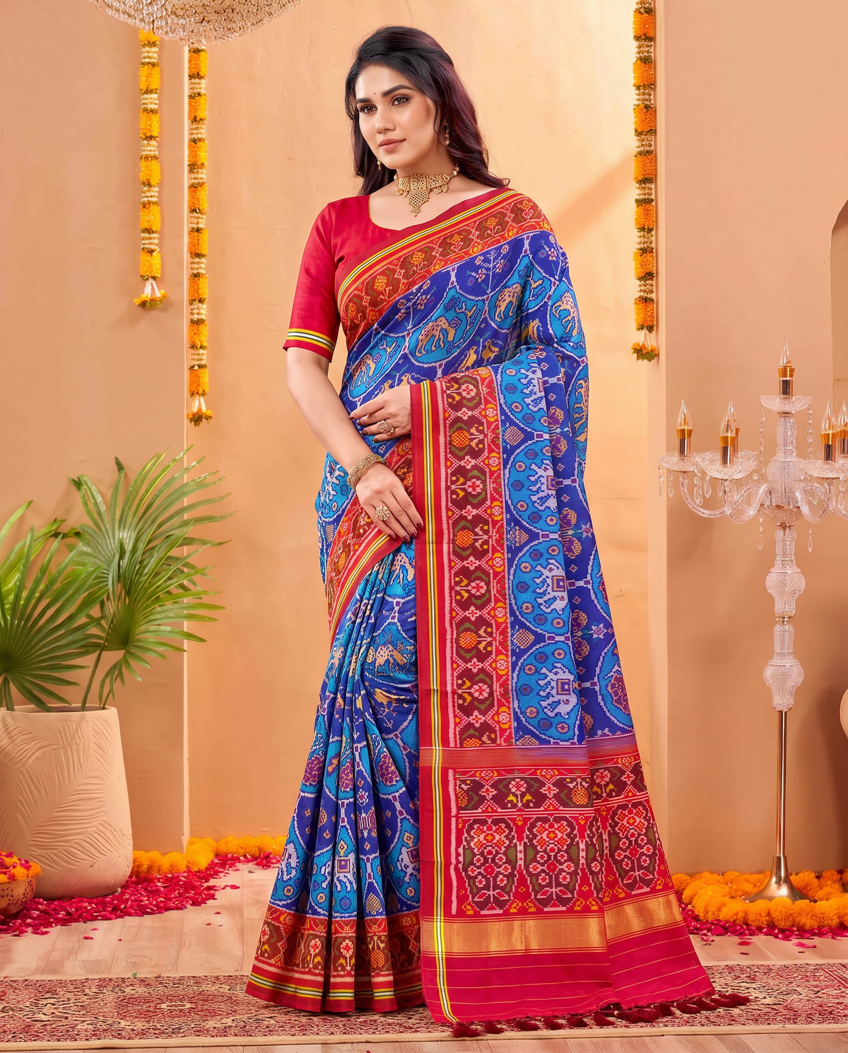 An indigo sky of golden elephants and purple paisleys, fading into a maroon and gold farewell. Silk Mark certified handloom Patola from Gujarat.