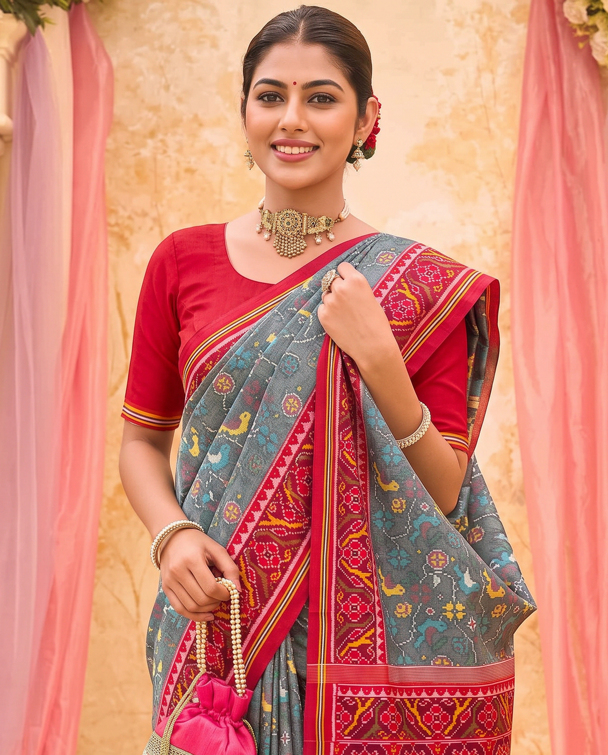Birds in flight across a grey morning sky, closing in maroon and gold. Silk Mark certified handloom Patola from Gujarat.