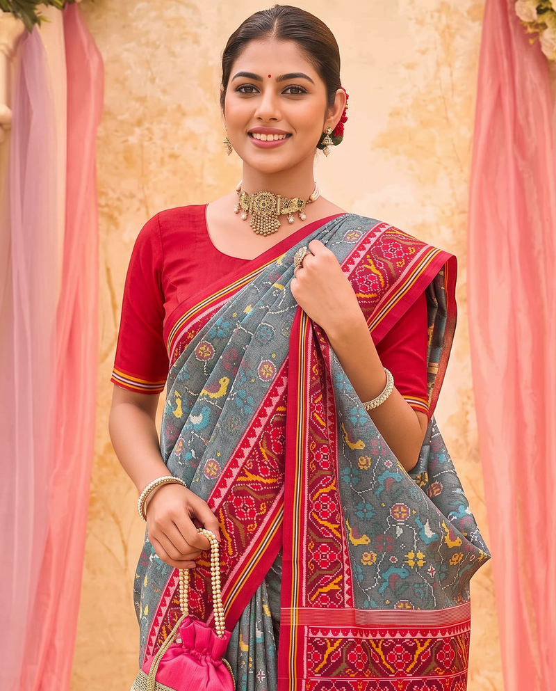 Birds in flight across a grey morning sky, closing in maroon and gold. Silk Mark certified handloom Patola from Gujarat.