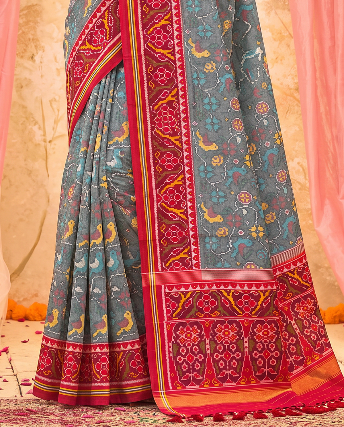 Birds in flight across a grey morning sky, closing in maroon and gold. Silk Mark certified handloom Patola from Gujarat.