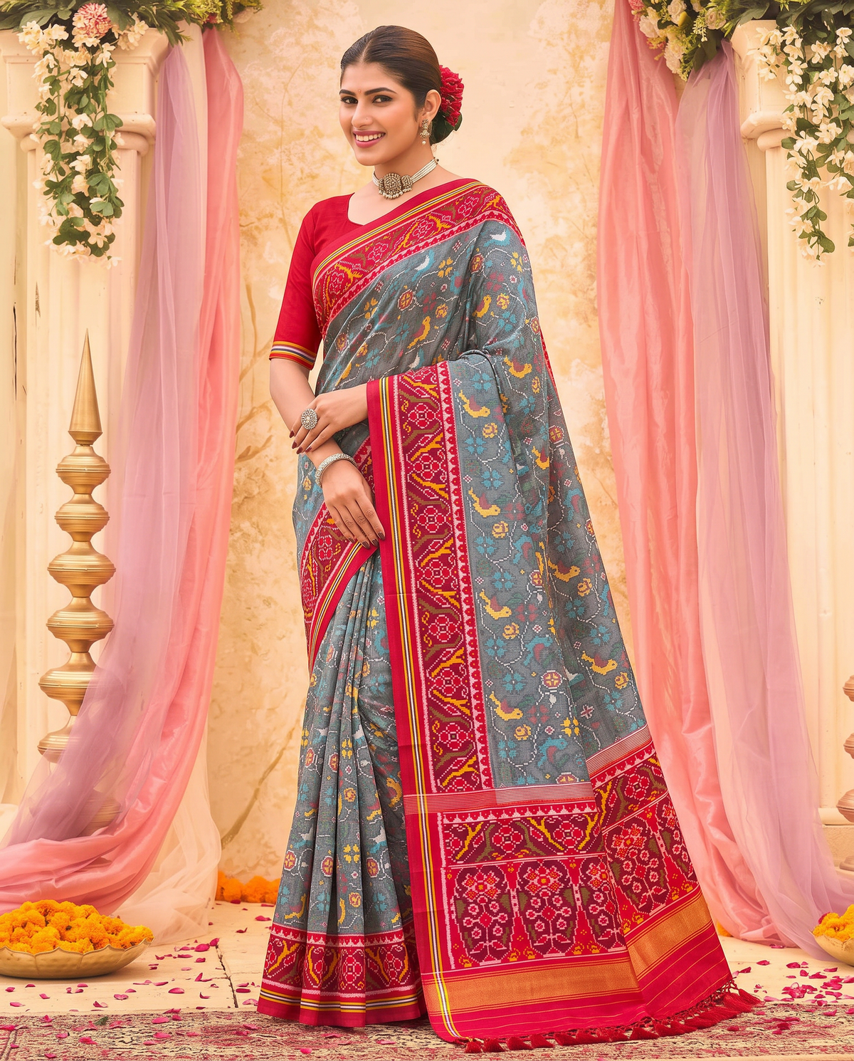 Birds in flight across a grey morning sky, closing in maroon and gold. Silk Mark certified handloom Patola from Gujarat.