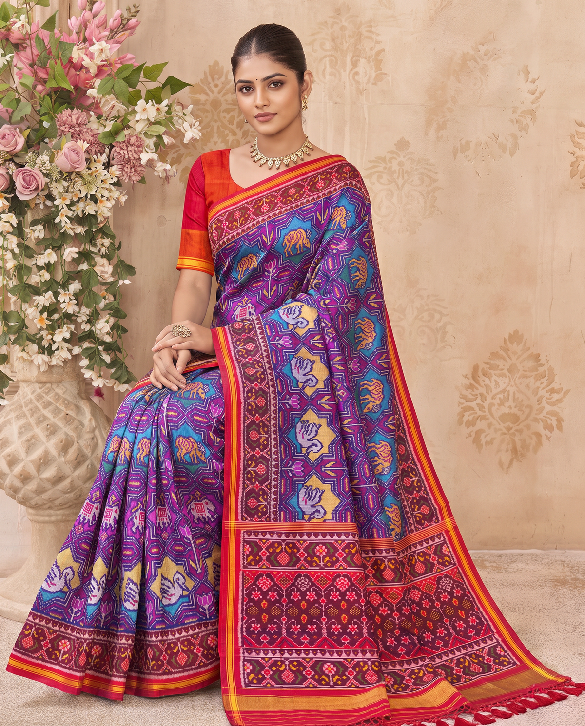 Twilight elephants, woven in indigo. Handloom Patola from Gujarat.