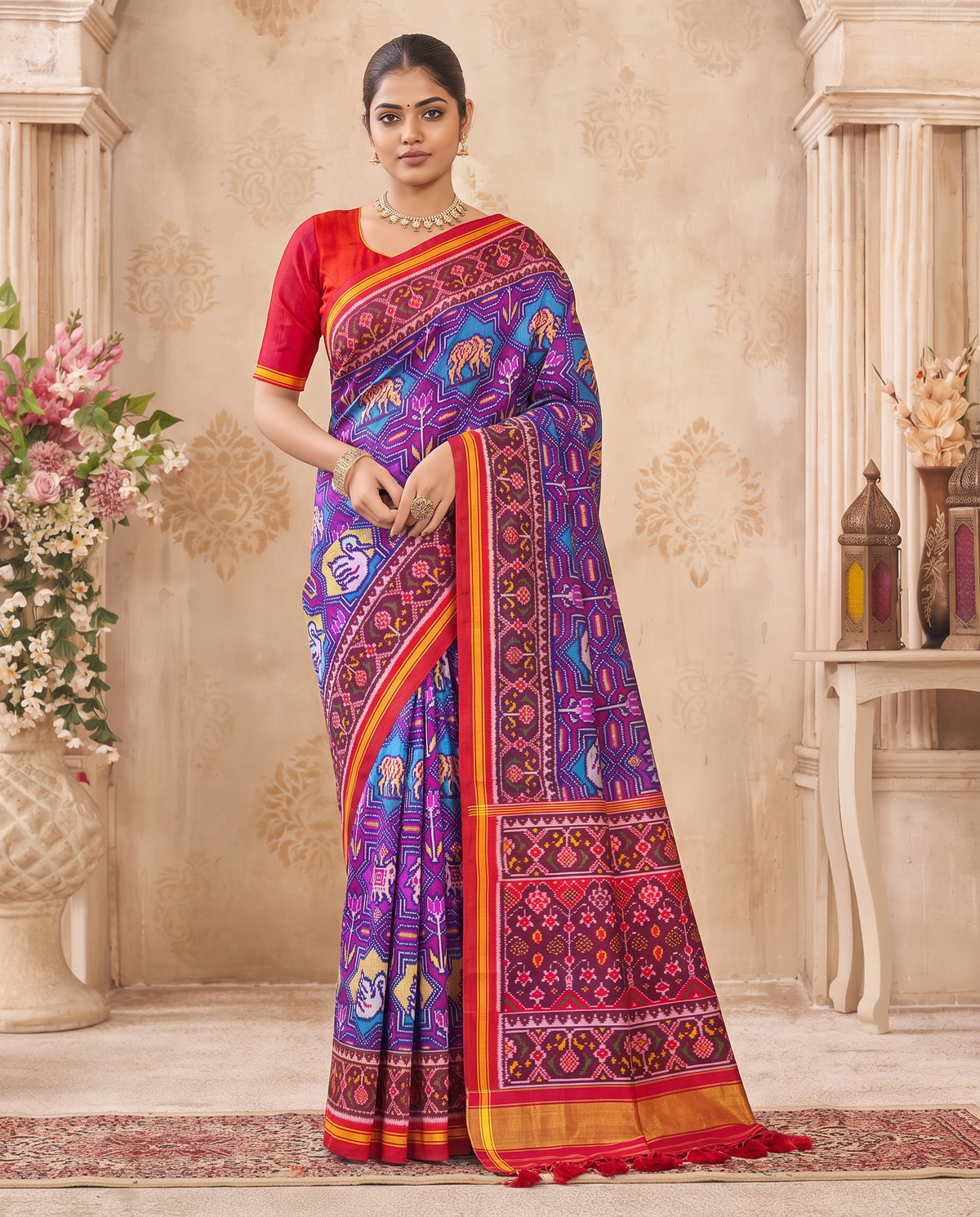 Twilight elephants, woven in indigo. Handloom Patola from Gujarat.