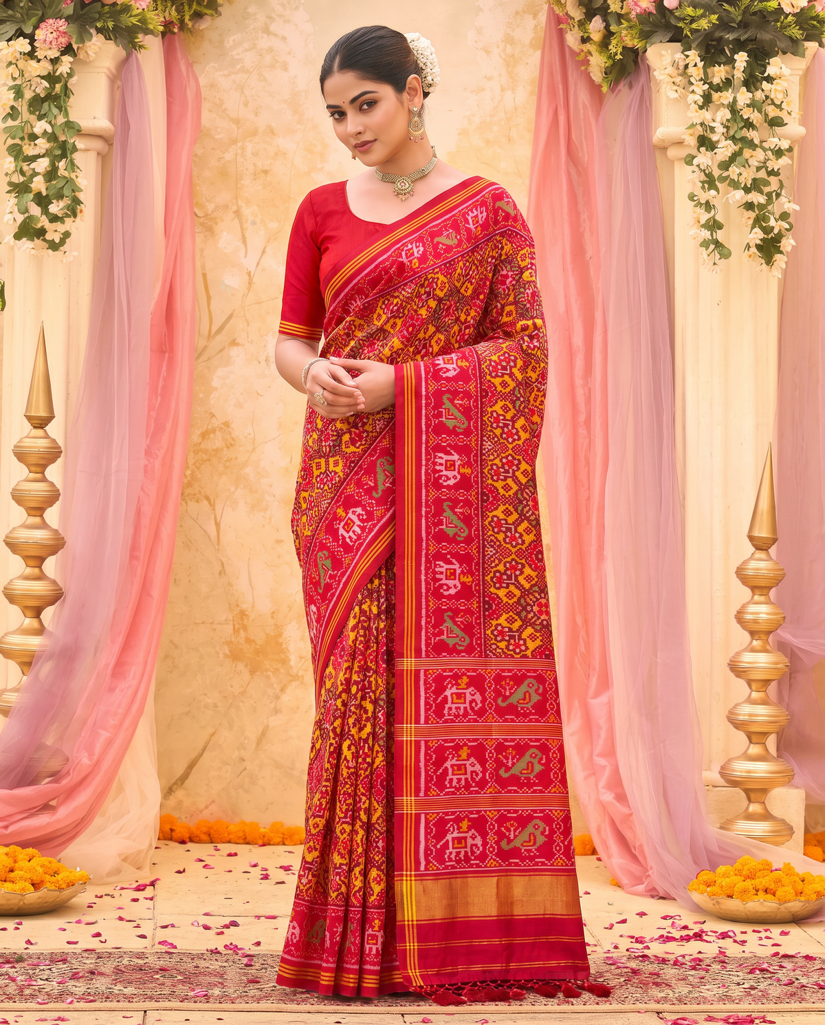 A Nari Kunjar heirloom, woven in red and gold. Handloom Rajkot Patola from Gujarat.