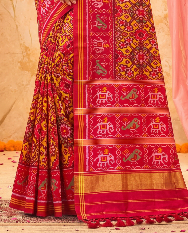 A Nari Kunjar heirloom, woven in red and gold. Handloom Rajkot Patola from Gujarat.