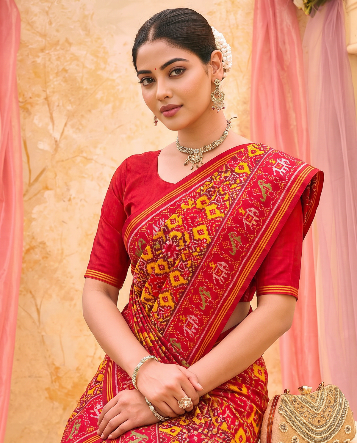 A Nari Kunjar heirloom, woven in red and gold. Handloom Rajkot Patola from Gujarat.