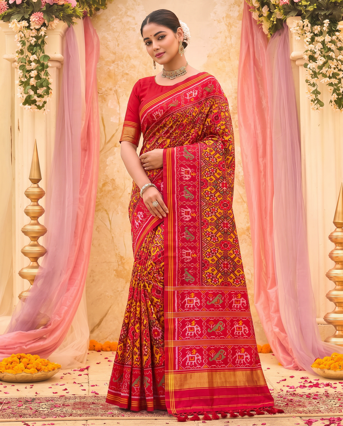 A Nari Kunjar heirloom, woven in red and gold. Handloom Rajkot Patola from Gujarat.