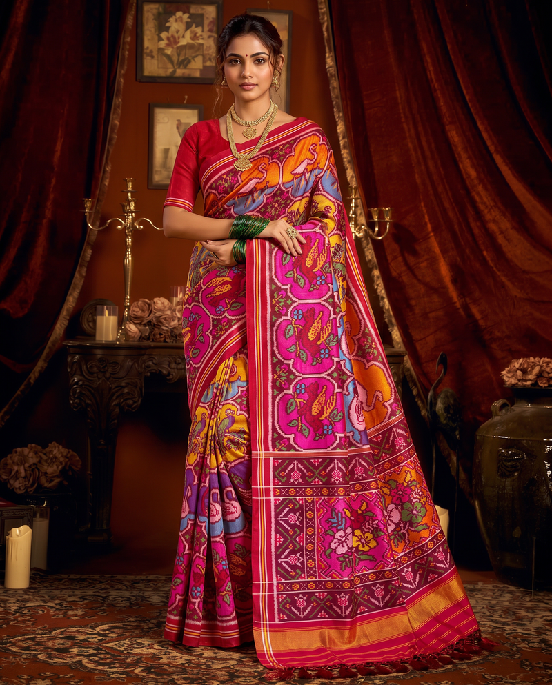Swans drifting through four rivers of colour, held in ivory and maroon, until the silk dissolves into gold. Silk Mark certified handloom Patola from Gujarat.