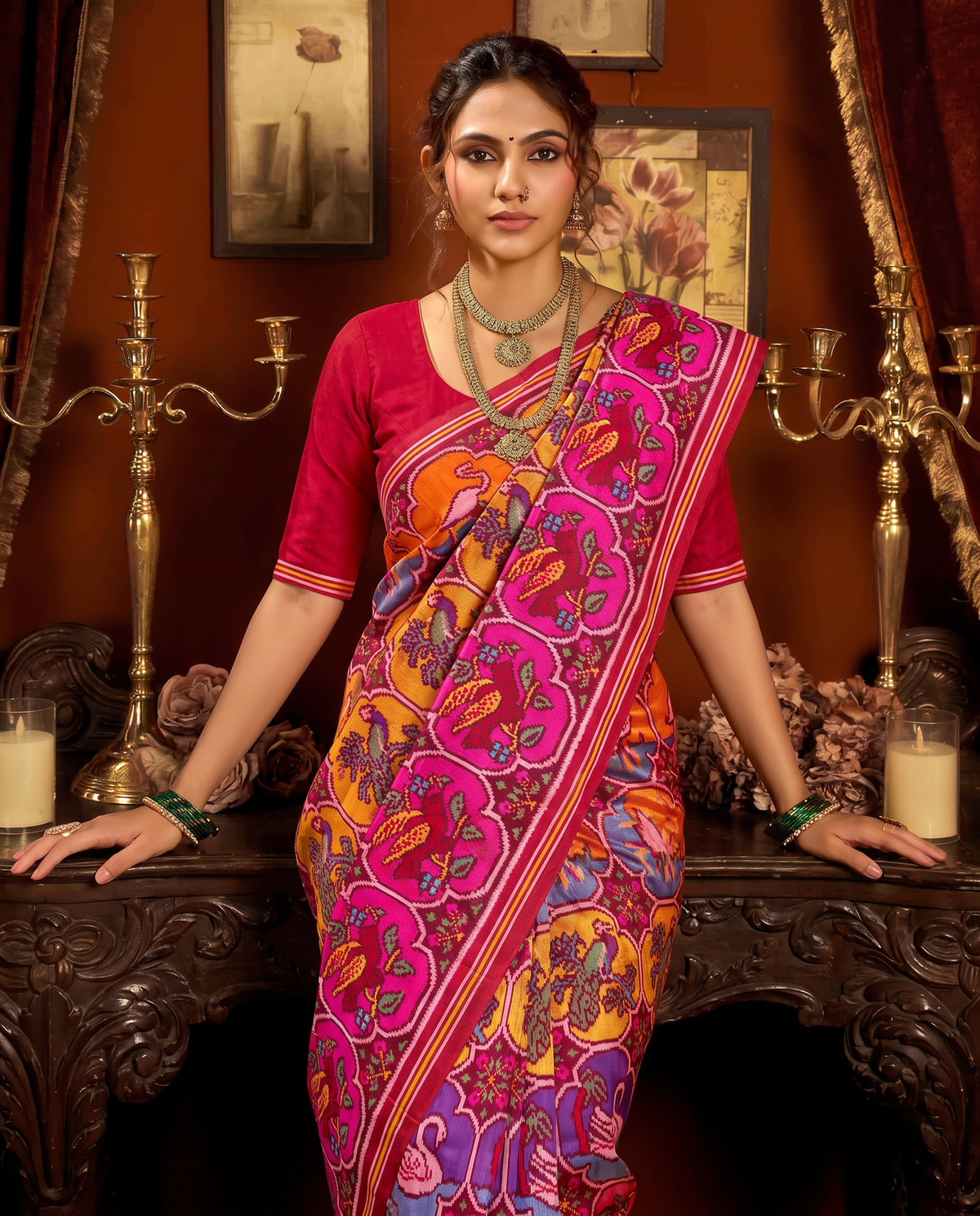 Swans drifting through four rivers of colour, held in ivory and maroon, until the silk dissolves into gold. Silk Mark certified handloom Patola from Gujarat.