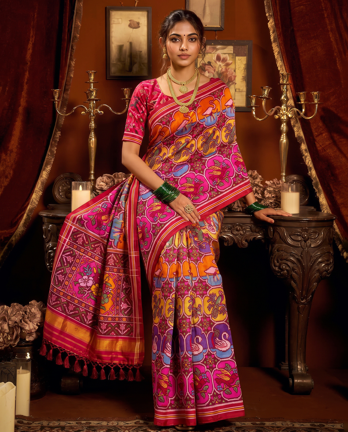 Swans drifting through four rivers of colour, held in ivory and maroon, until the silk dissolves into gold. Silk Mark certified handloom Patola from Gujarat.