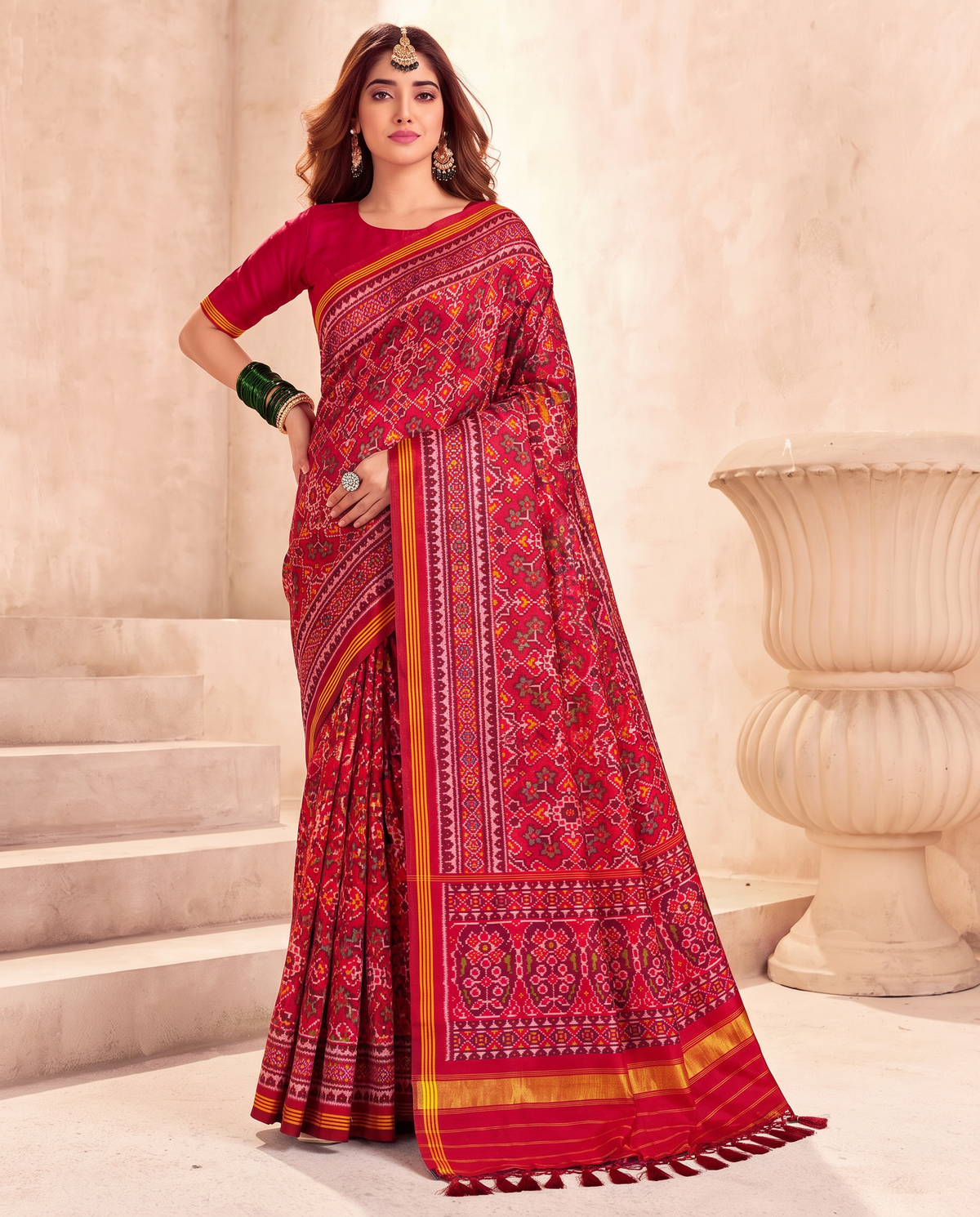 A red jewel box of hearts, blossoms and stars, finished in a glow of gold. Handloom single ikat Patola from Gujarat.