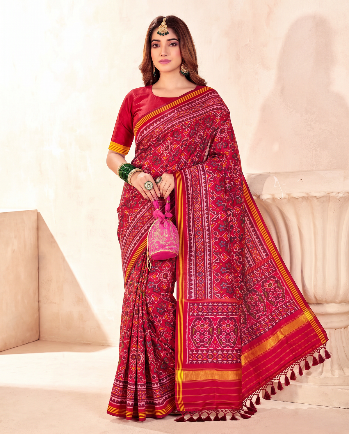 A red jewel box of hearts, blossoms and stars, finished in a glow of gold. Handloom single ikat Patola from Gujarat.