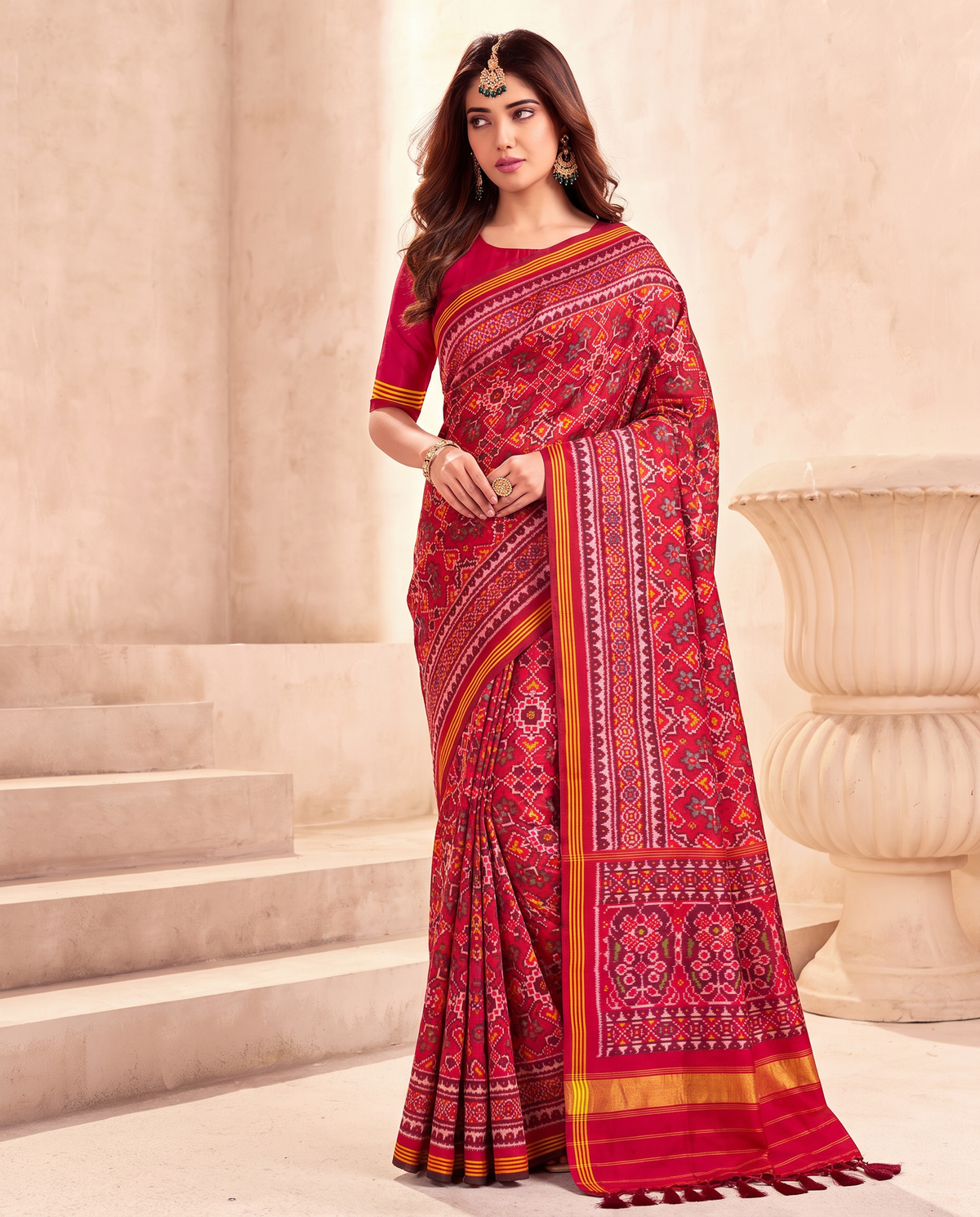 A red jewel box of hearts, blossoms and stars, finished in a glow of gold. Handloom single ikat Patola from Gujarat.