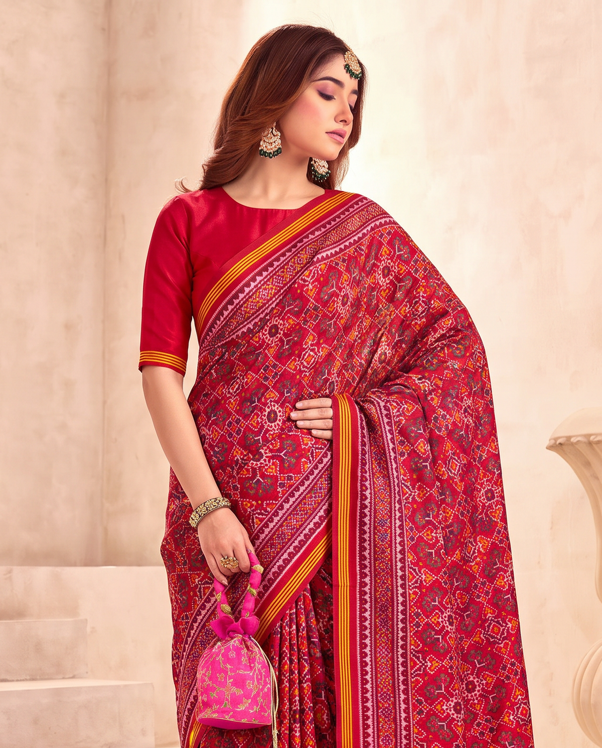 A red jewel box of hearts, blossoms and stars, finished in a glow of gold. Handloom single ikat Patola from Gujarat.