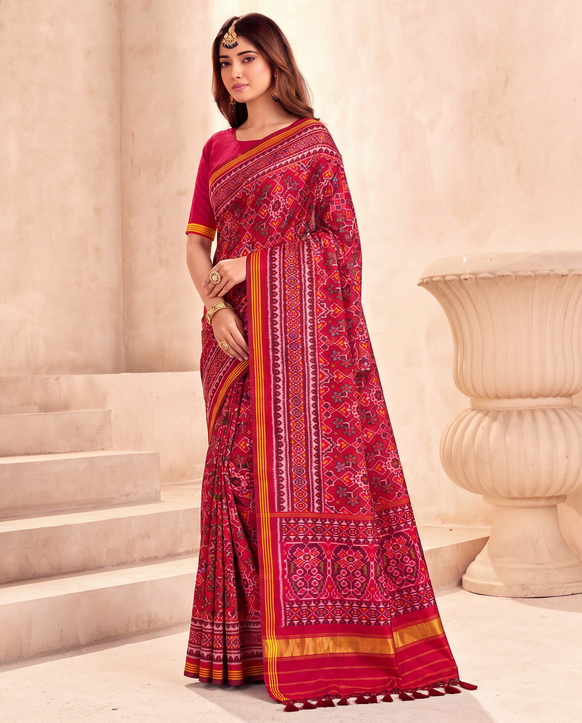 A red jewel box of hearts, blossoms and stars, finished in a glow of gold. Handloom single ikat Patola from Gujarat.