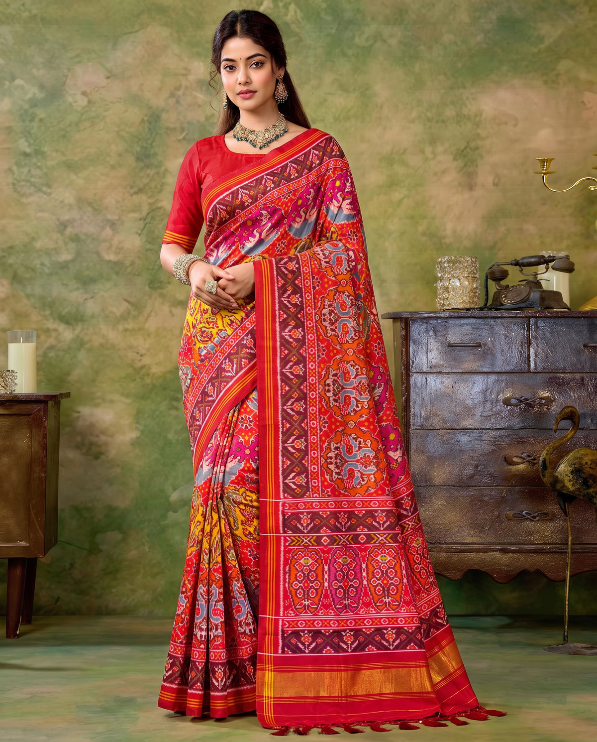 Birds in circles of colour, woven in red. Handloom Rajkot Patola from Gujarat.
