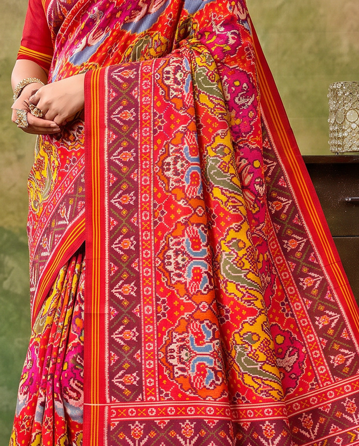 Birds in circles of colour, woven in red. Handloom Rajkot Patola from Gujarat.
