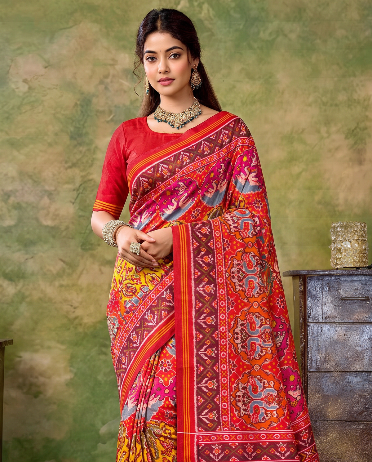 Birds in circles of colour, woven in red. Handloom Rajkot Patola from Gujarat.