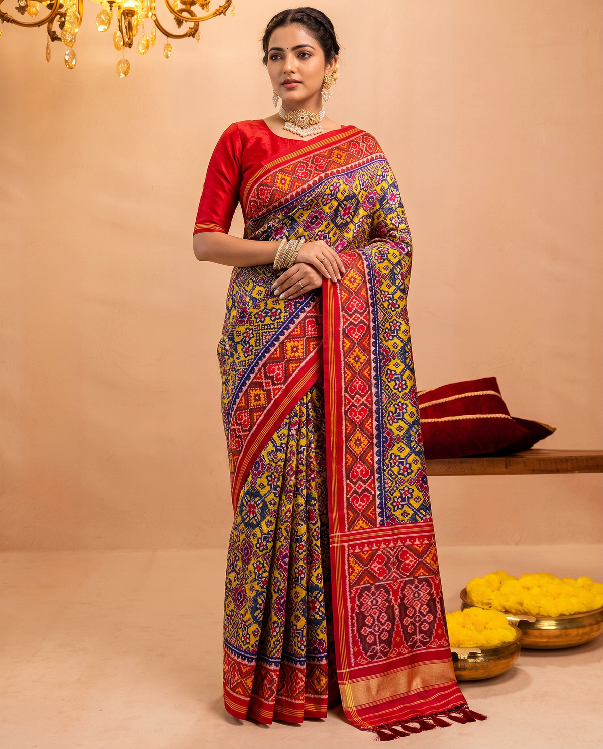 Navratna, nine gems woven in indigo and gold. Handloom Rajkot Patola from Gujarat.