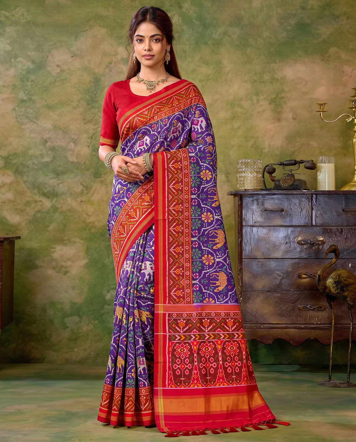 A royal purple procession of golden elephants and green parrots, closing in a glow of gold. Handloom Patola from Gujarat.