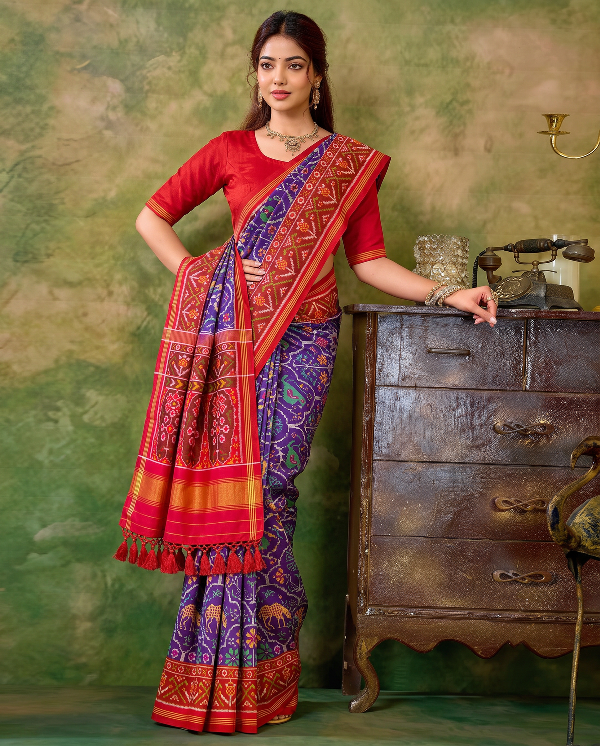 A royal purple procession of golden elephants and green parrots, closing in a glow of gold. Handloom Patola from Gujarat.