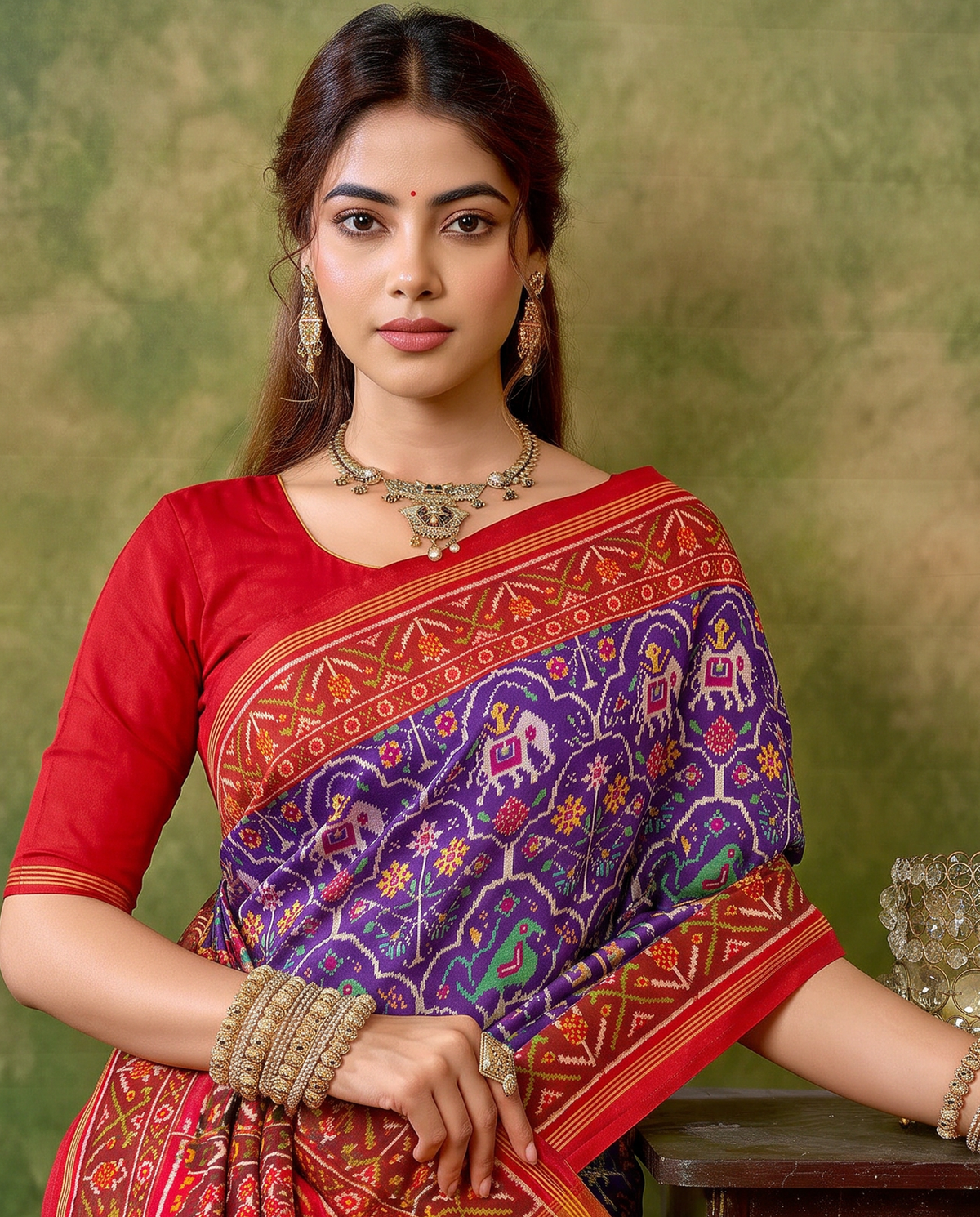 A royal purple procession of golden elephants and green parrots, closing in a glow of gold. Handloom Patola from Gujarat.