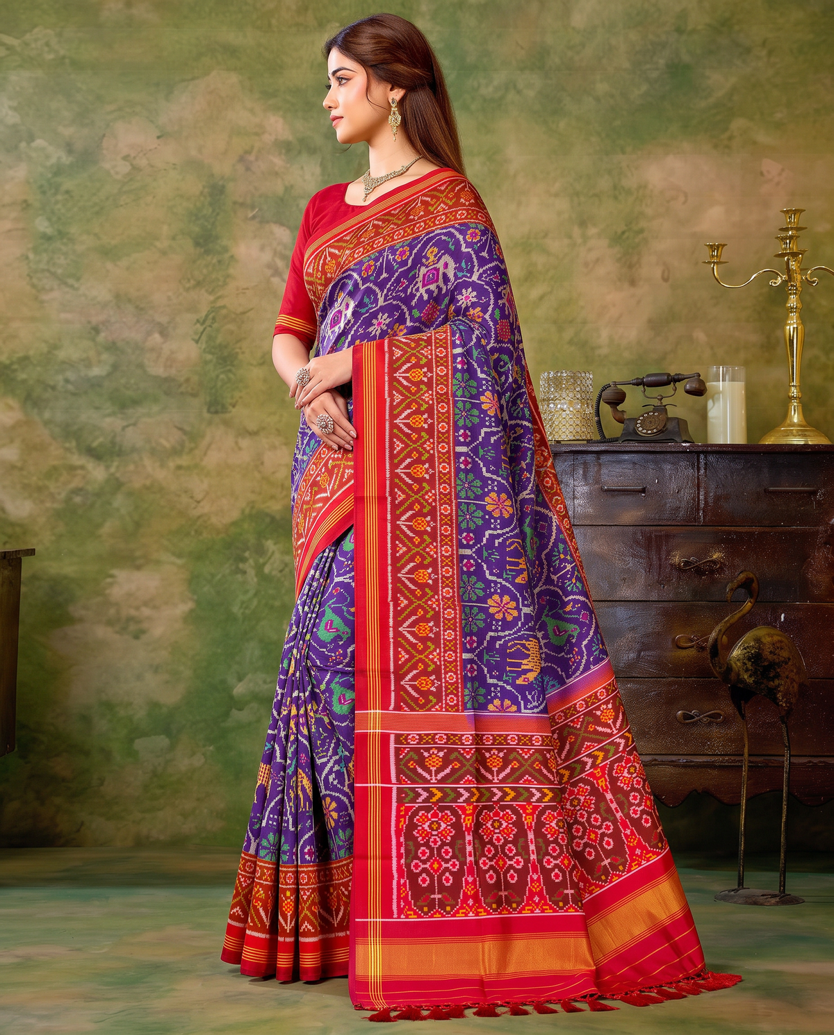 A royal purple procession of golden elephants and green parrots, closing in a glow of gold. Handloom Patola from Gujarat.