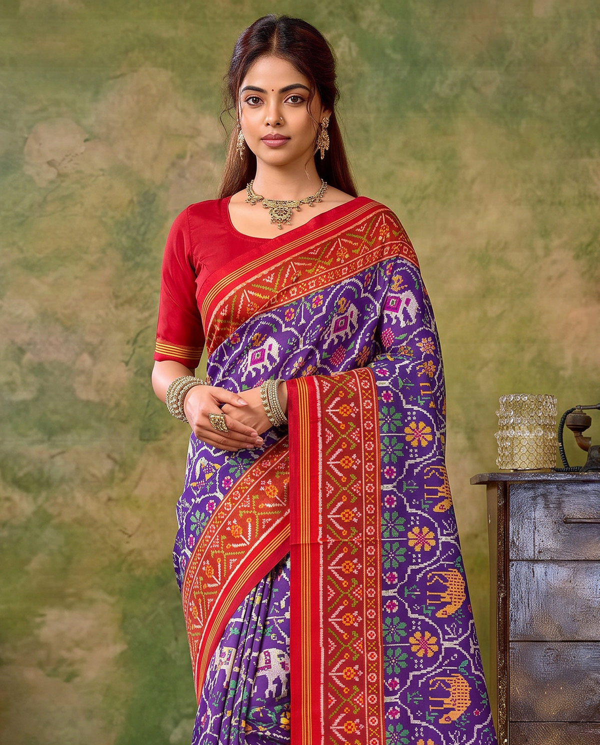 A royal purple procession of golden elephants and green parrots, closing in a glow of gold. Handloom Patola from Gujarat.