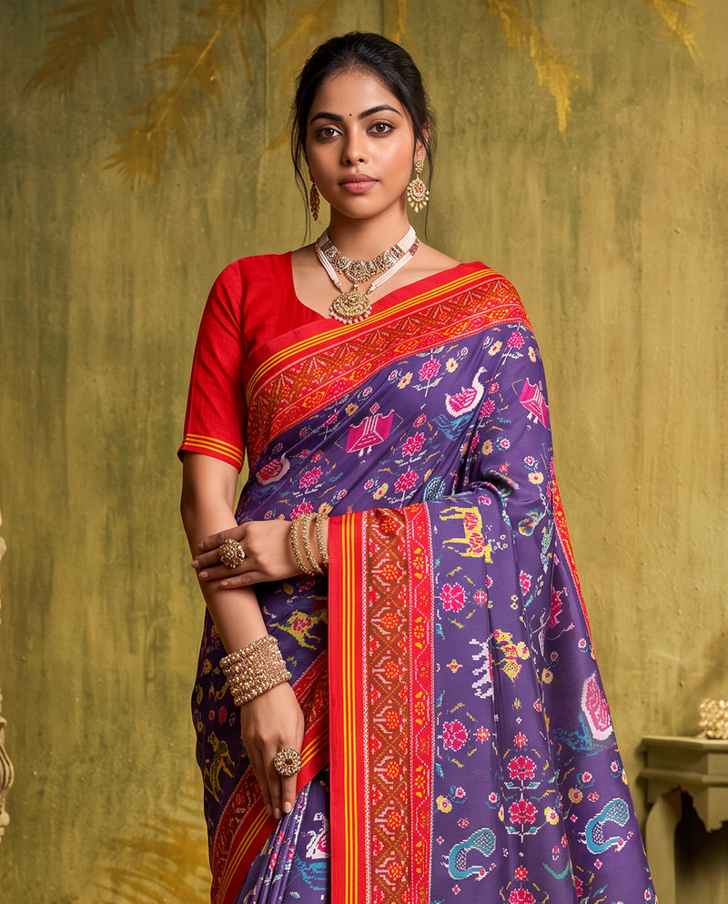 A navy night garden of elephants, peacocks and leaping deer, closing in a glow of gold. Silk Mark certified handloom Patola from Gujarat.