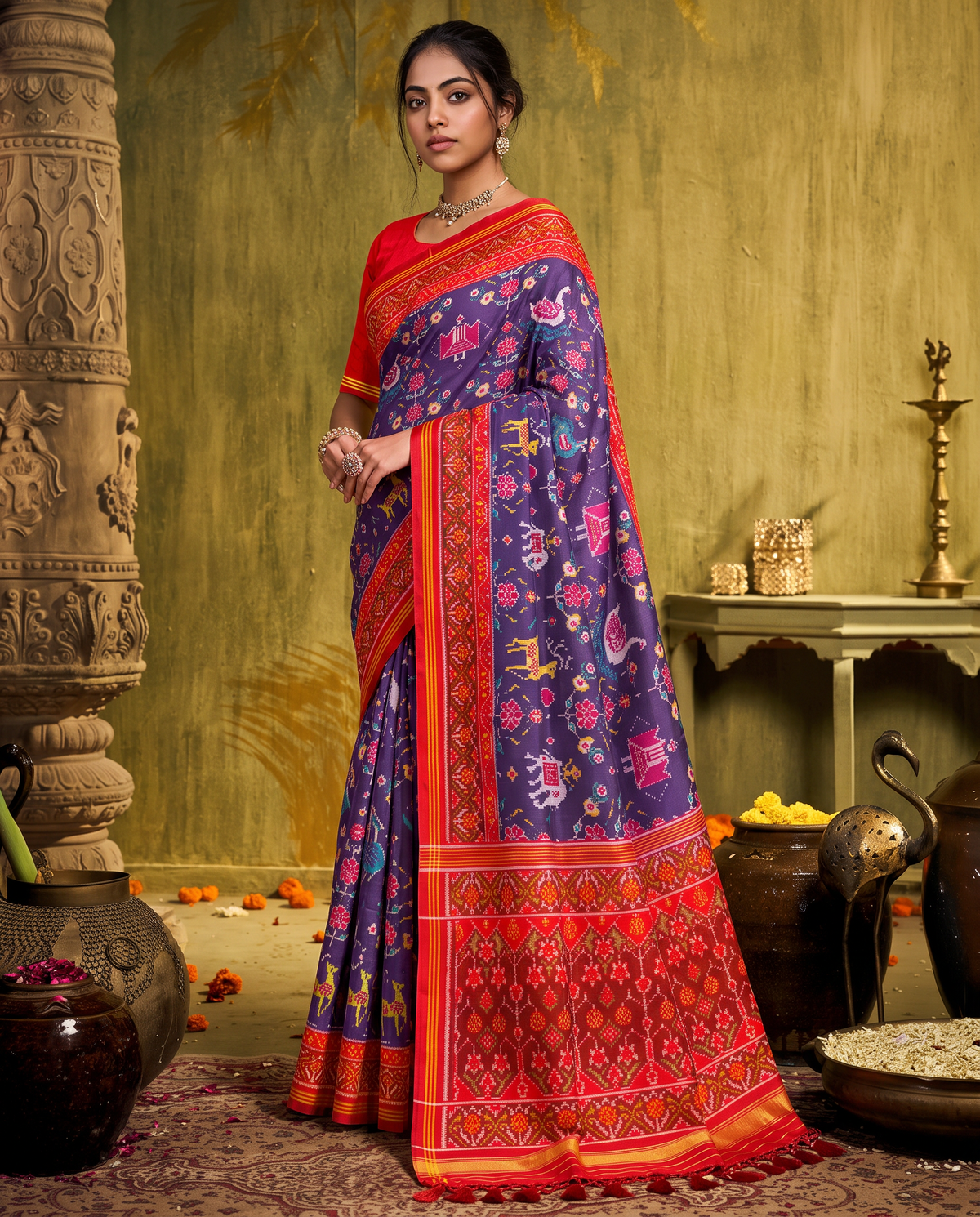 A navy night garden of elephants, peacocks and leaping deer, closing in a glow of gold. Silk Mark certified handloom Patola from Gujarat.
