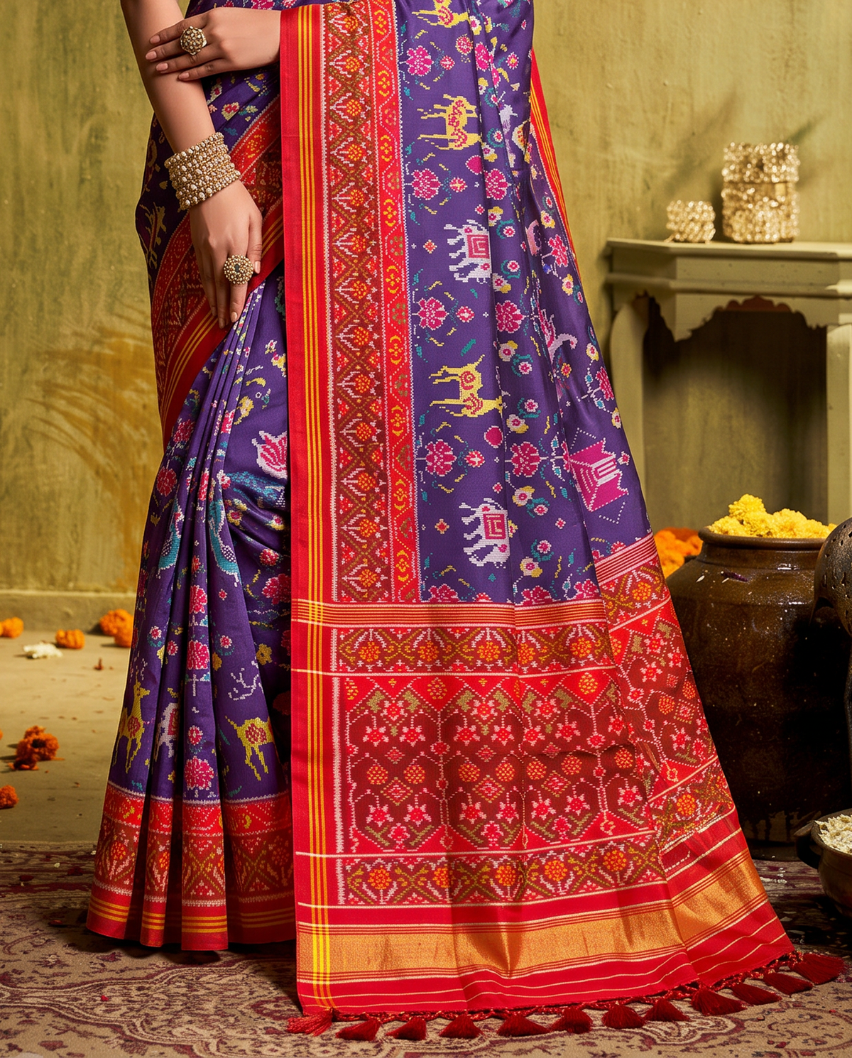 A navy night garden of elephants, peacocks and leaping deer, closing in a glow of gold. Silk Mark certified handloom Patola from Gujarat.