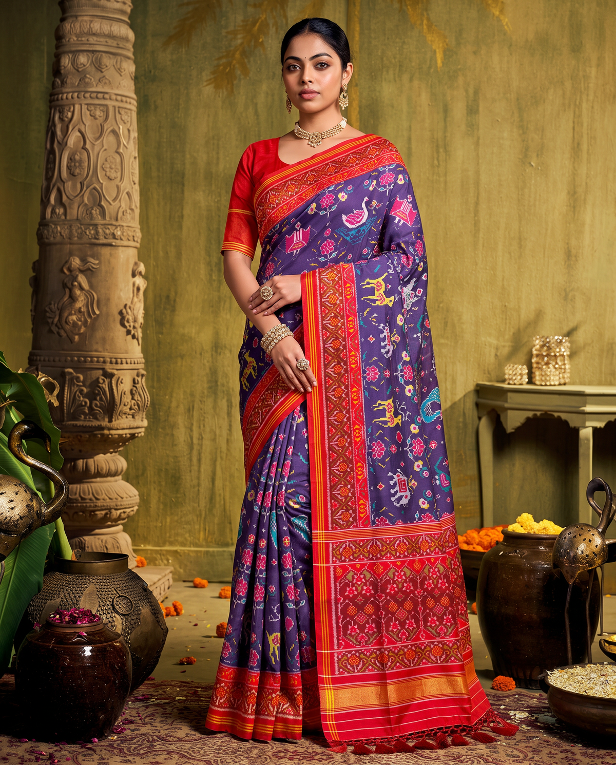 A navy night garden of elephants, peacocks and leaping deer, closing in a glow of gold. Silk Mark certified handloom Patola from Gujarat.