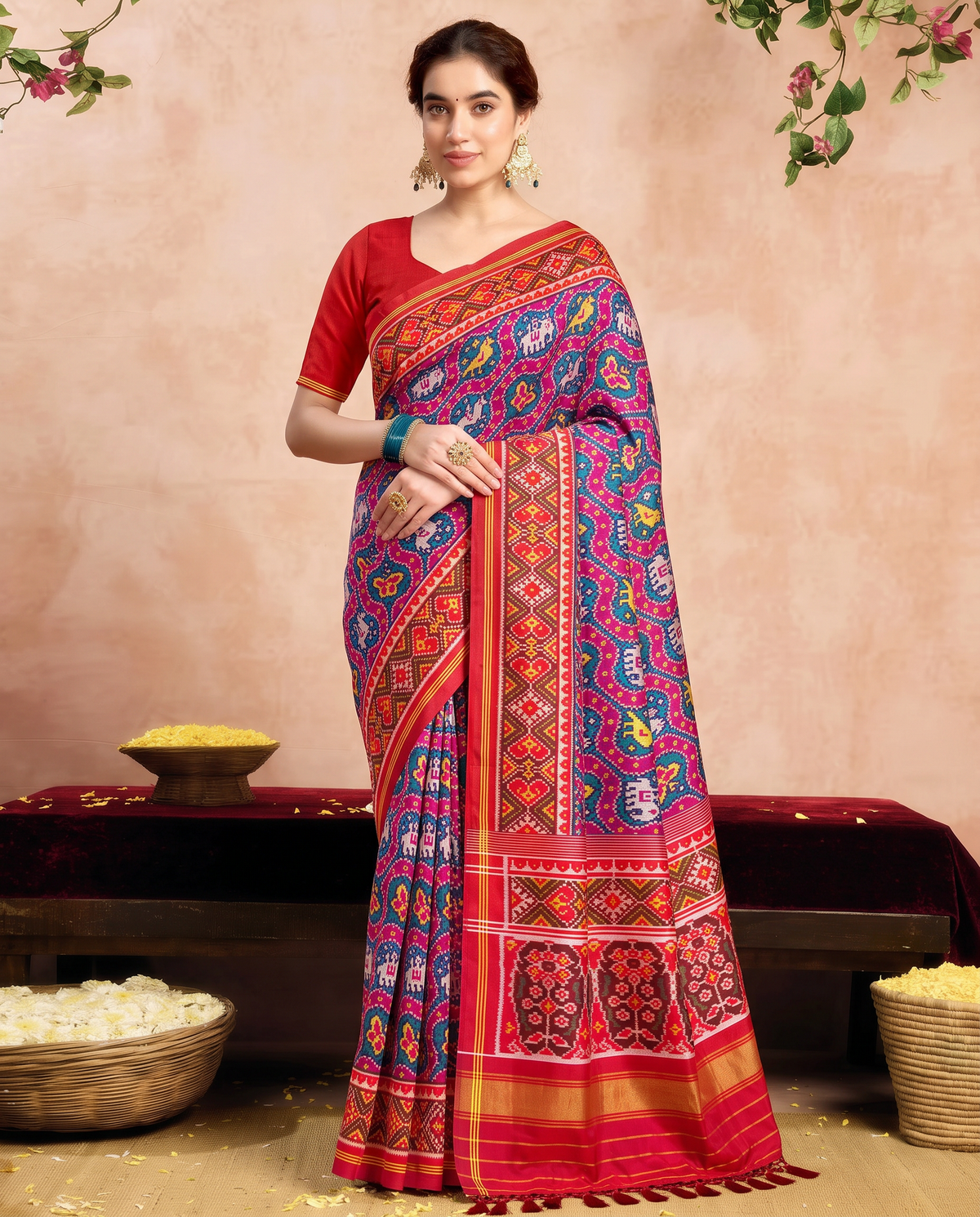 Waves of magenta and teal, woven by hand. Handloom Rajkot Patola from Gujarat.
