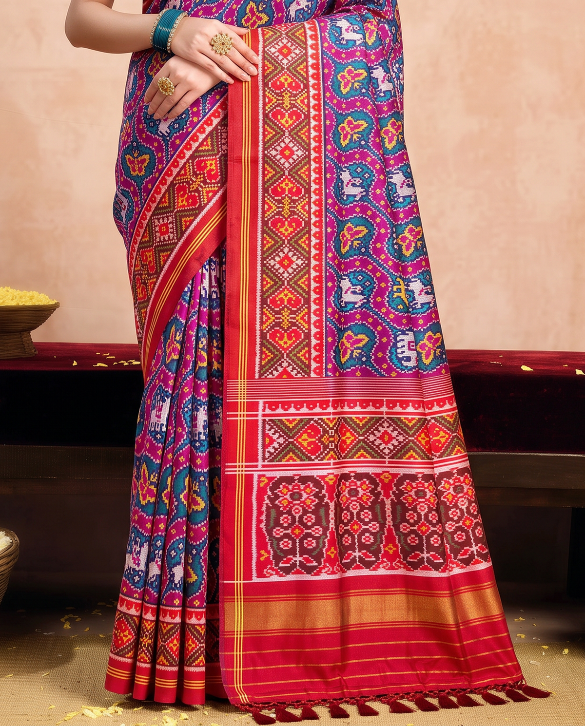 Waves of magenta and teal, woven by hand. Handloom Rajkot Patola from Gujarat.