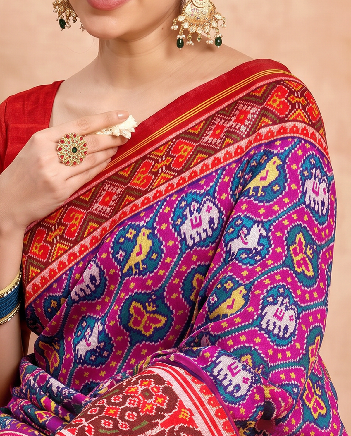 Waves of magenta and teal, woven by hand. Handloom Rajkot Patola from Gujarat.