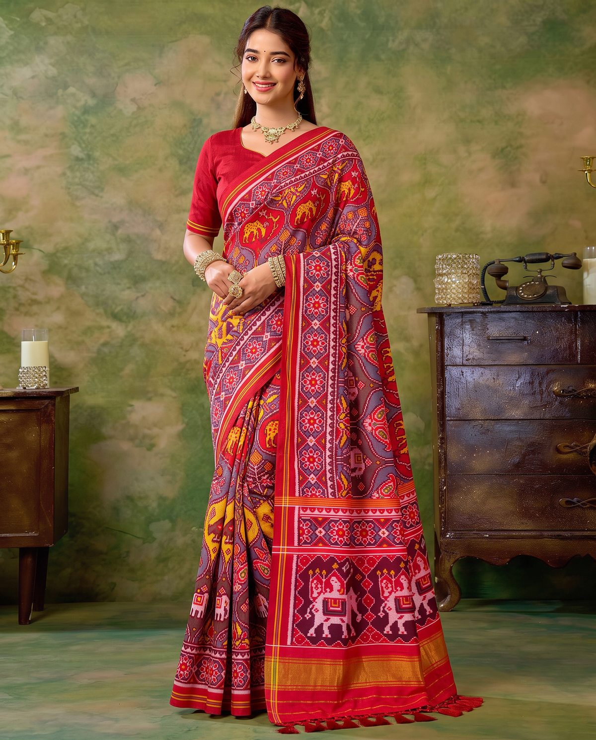 Flowering trees in painted pots, a royal elephant parade, a golden farewell. Handloom Rajkot Patola from Gujarat.