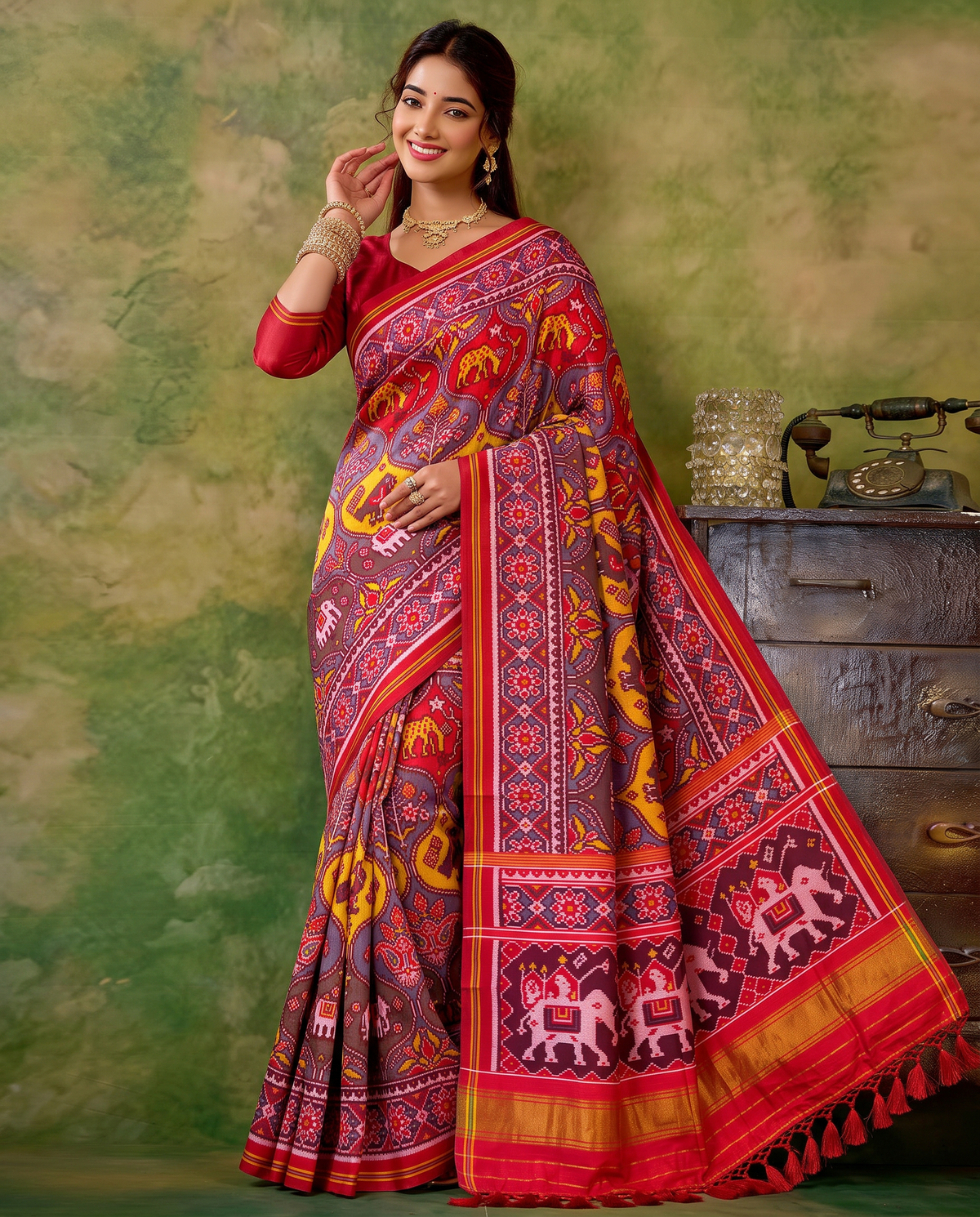 Flowering trees in painted pots, a royal elephant parade, a golden farewell. Handloom Rajkot Patola from Gujarat.
