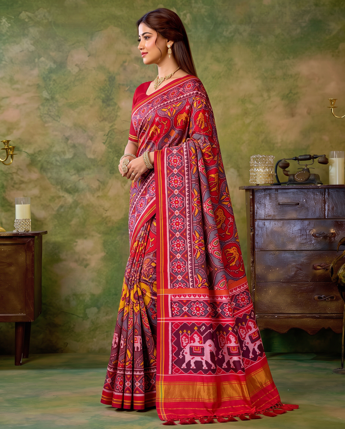 Flowering trees in painted pots, a royal elephant parade, a golden farewell. Handloom Rajkot Patola from Gujarat.